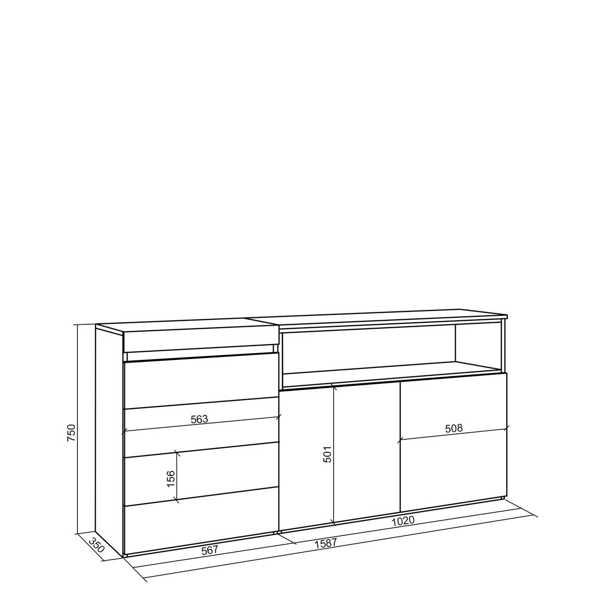 KOMMODE mit Schubladen, Sideboard Schrank, eiche, 158/35/75cm - Eichefarben, Holzwerkstoff (158/75/35cm) - Skraut Home