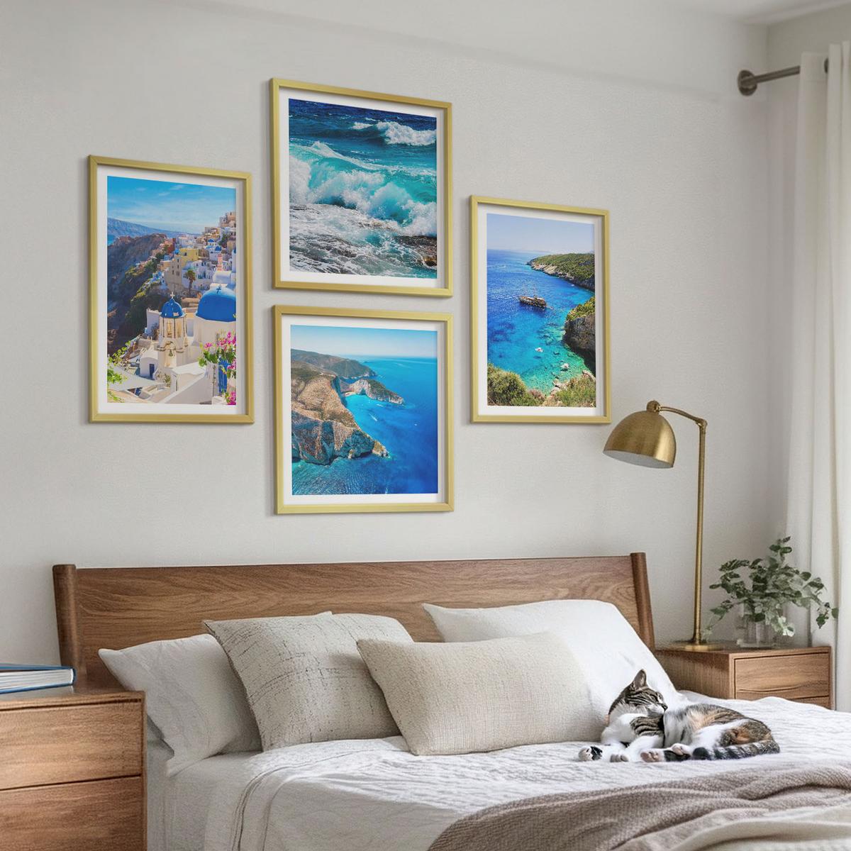 BILDER SET 4er Set - 50x50 cm & 40x60 cm Goldrahmen - Griechische Ansichten von Santorin Oia - Goldfarben, Kunststoff (50/50cm) - TULUP