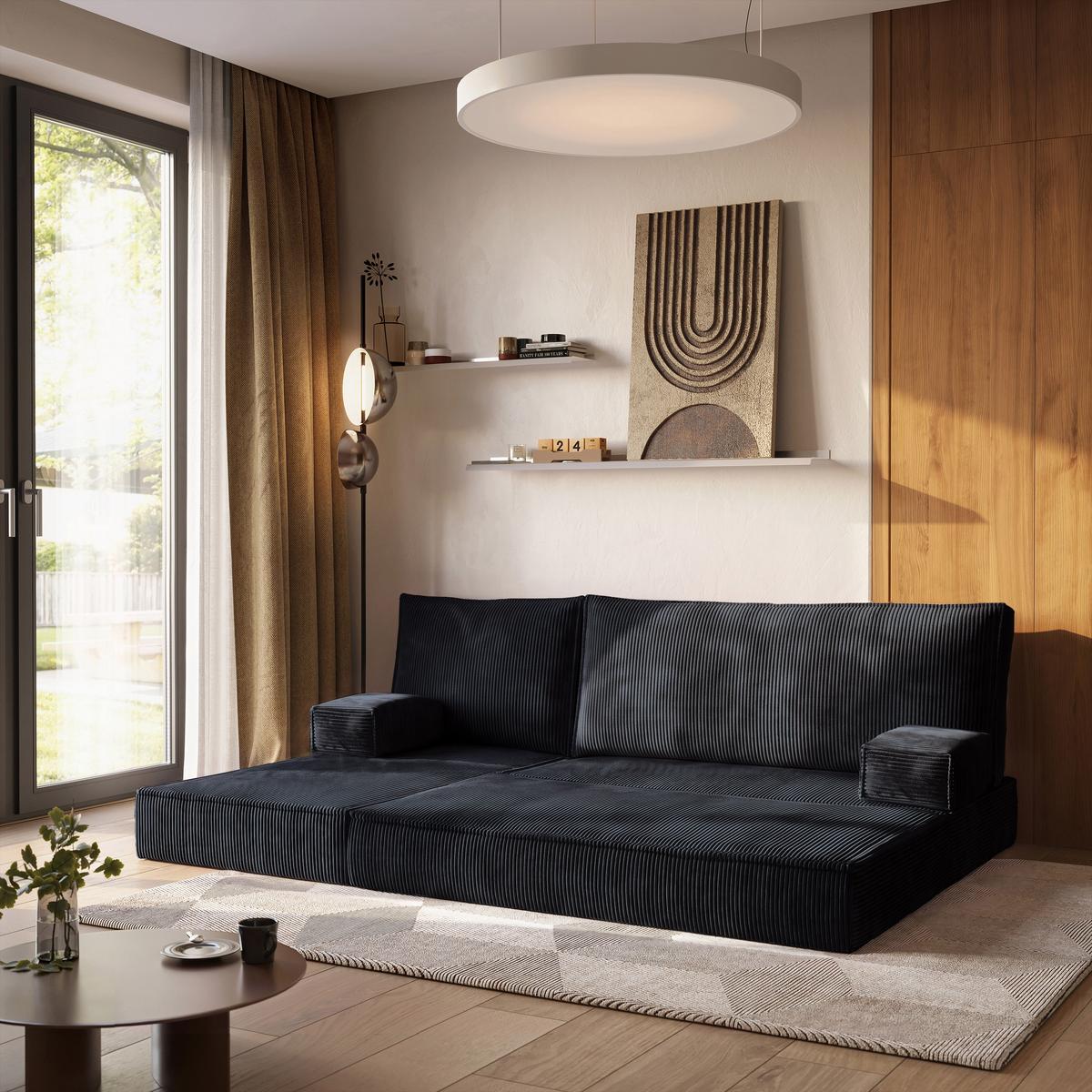ECKSOFA NOTIA modulares Boneless Sofa mit Schlaffunktion Schwarz Kordstoff - Schwarz, Textil (200/120cm) - MASSENO