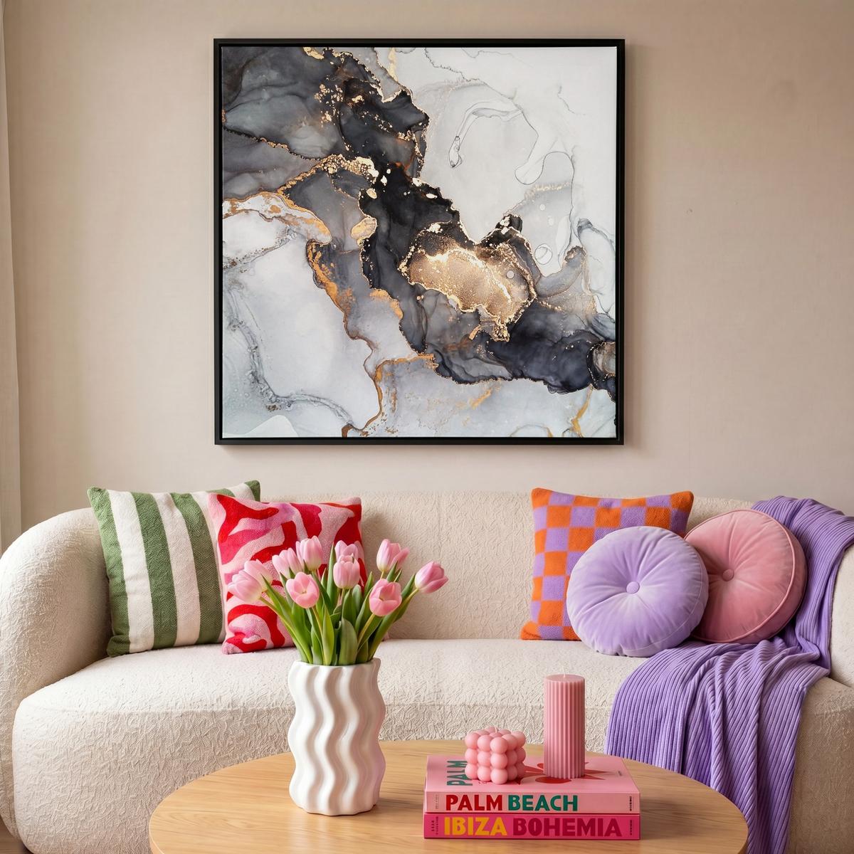 LEINWAND Bilder mit Rahmen - Marmor - Schwarz - Weiß - Gold - Luxus - Abstrakt - 90x90 - Goldfarben, Textil (90/90cm) - MuchoWow