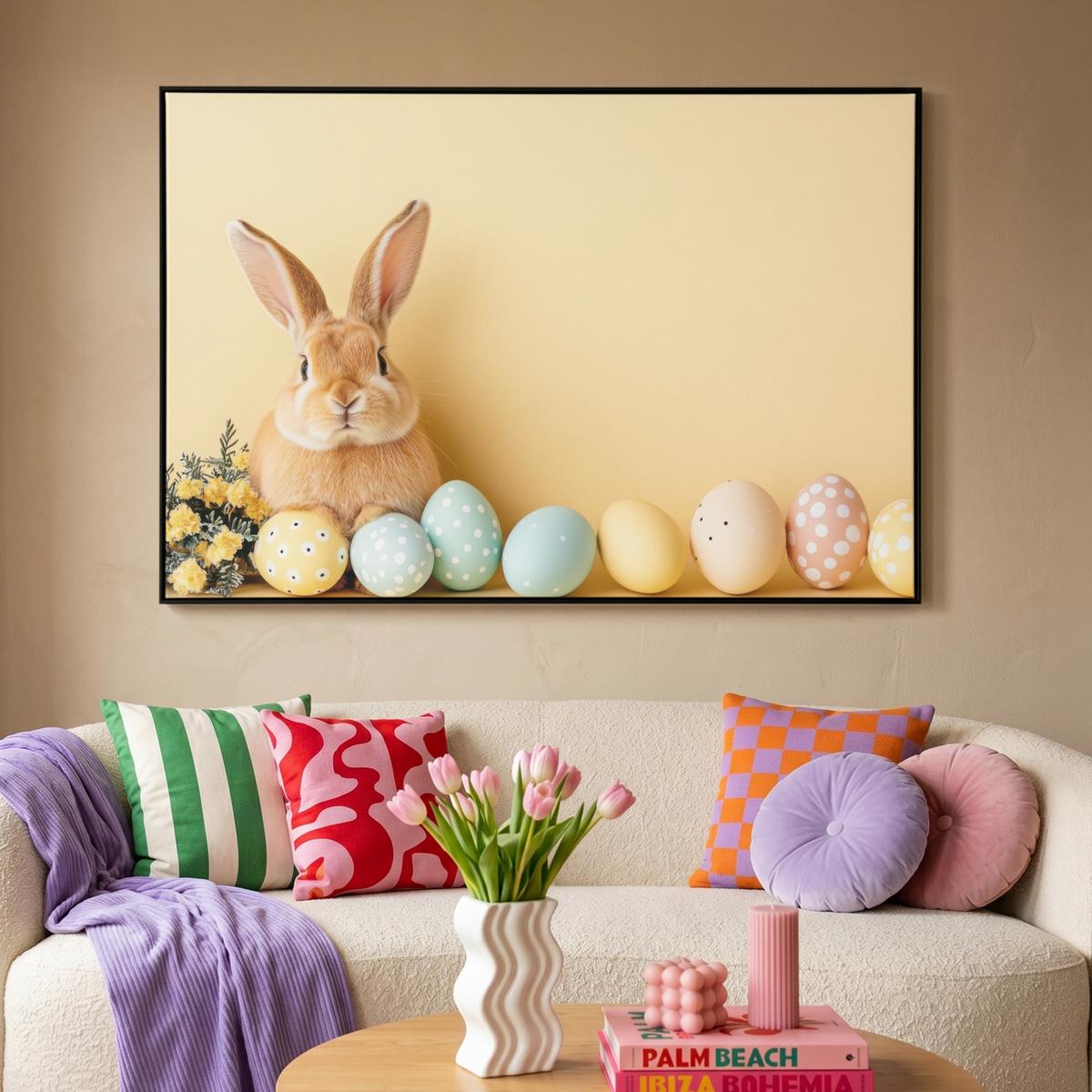 LEINWAND Bilder mit Rahmen - Eier - Kaninchen - Pastellfarbtöne - 120x80 - Hellgelb, Textil (120/80cm) - MuchoWow