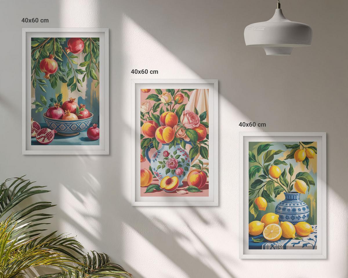 BILDER SET 3er Set - 40x60 cm Weißer Rahmen - Fruchtzusammensetzung von Granatäpfeln - Weiß, Kunststoff (40/60cm) - TULUP