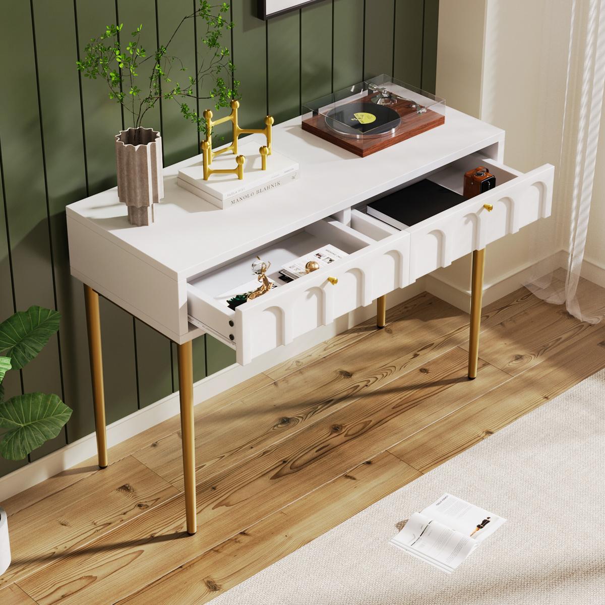 SCHMINKTISCH Cremeweiß und Golden 100/76,5/45 cm - Beige, Holzwerkstoff/Metall (100/76/45cm) - Urban Meuble
