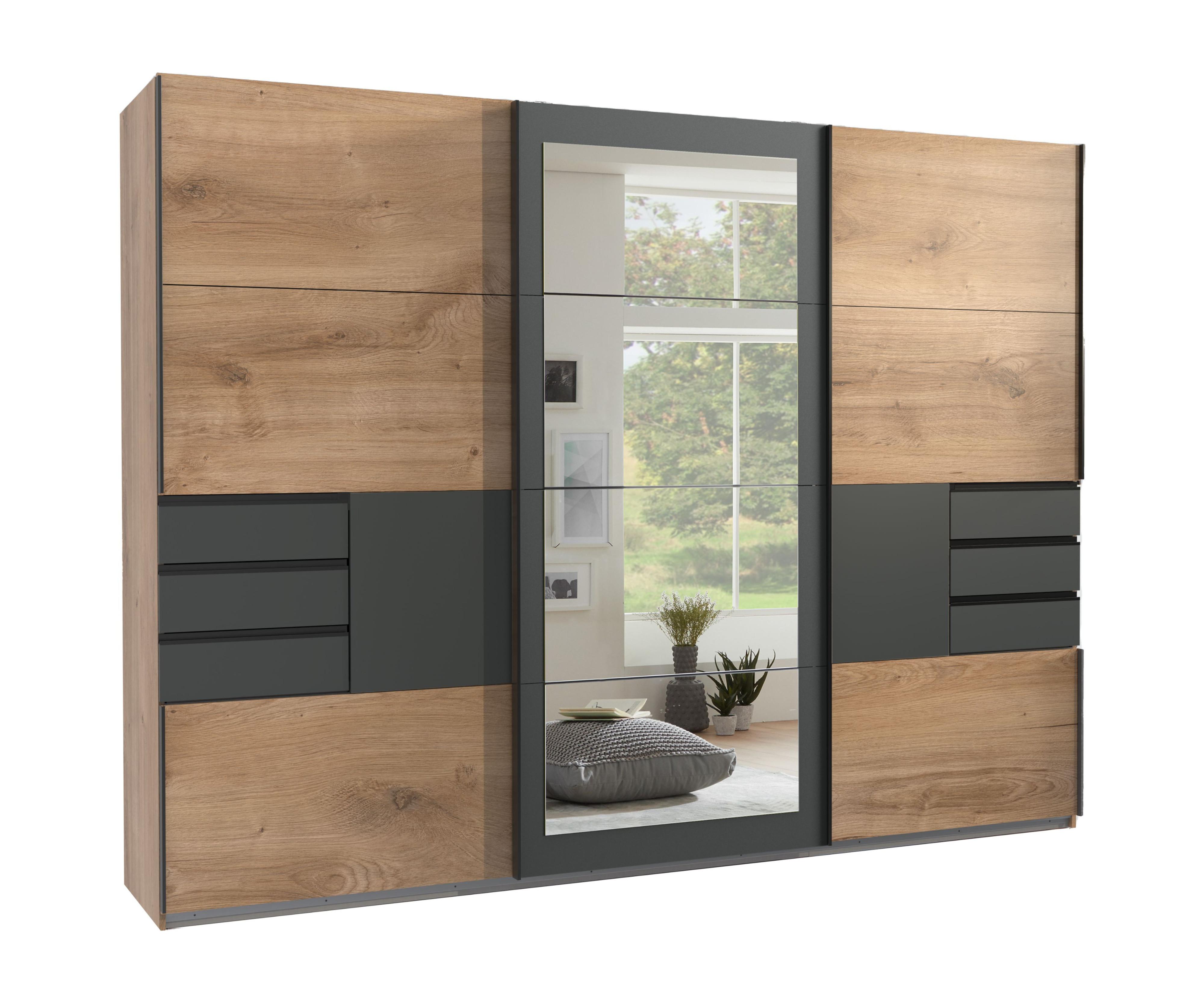 SCHWEBETÜRENSCHRANK 3-türig B270/H208/64 cm in Eiche Dekor mit Absetzungen in Grafit, Spiegel & Schubladen, Kleiderschrank inkl. Vollausst. / 22503 - Blau/Eichefarben, Holzwerkstoff/Metall (270/208/64cm) - luma-home