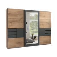 SCHWEBETÜRENSCHRANK 3-türig B270/H208/64 cm in Eiche Dekor mit Absetzungen in Grafit, Spiegel & Schubladen, Kleiderschrank inkl. Vollausst. / 22503 - Blau/Eichefarben, Holzwerkstoff/Metall (270/208/64cm) - luma-home