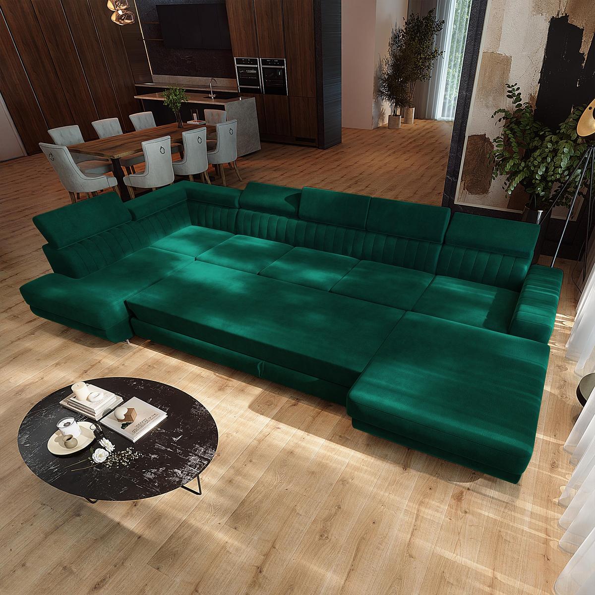 WOHNLANDSCHAFT GAIAN Grün Velours-Stoff mit Schlaffunktion - Grün, Holz (412/88/190cm) - MASSENO