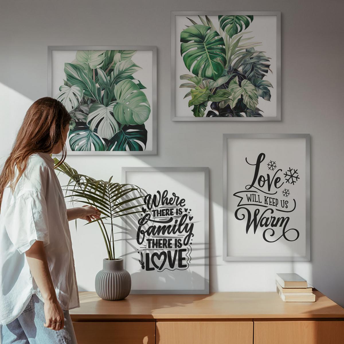 BILDER SET 4er Set - 50x50 cm & 40x60 cm Silberner Rahmen - Familie liebt Zuhause Aquarell - Silberfarben, Kunststoff (50/50cm) - TULUP