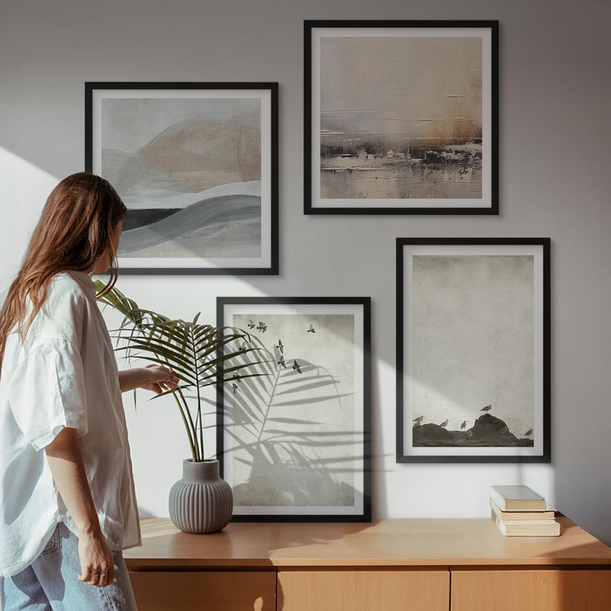 BILDER SET 4er Set - 50x50 cm & 40x60 cm Schwarzer Rahmen - Vögel, Steine, Pinselstriche, Verzierungen - Schwarz, Kunststoff (50/50cm) - TULUP