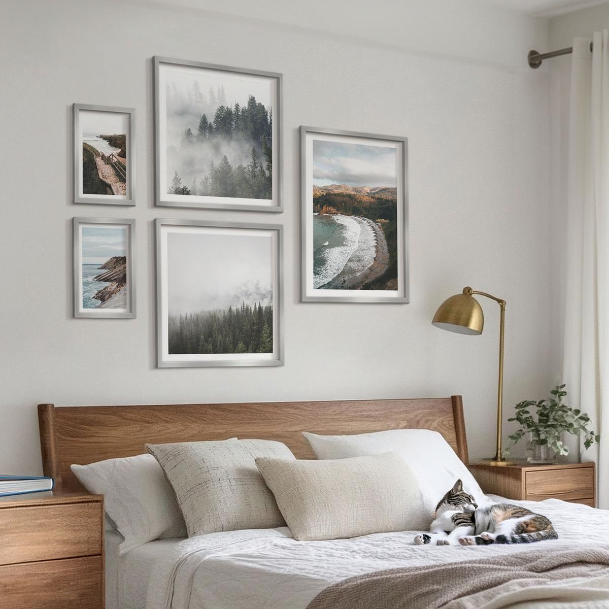 BILDER SET 5er Set - 50x50 cm & 20x30 cm & 40x60 cm Silberner Rahmen - Klippenblicke, Strandlandschaften - Silberfarben, Kunststoff (40/60cm) - TULUP