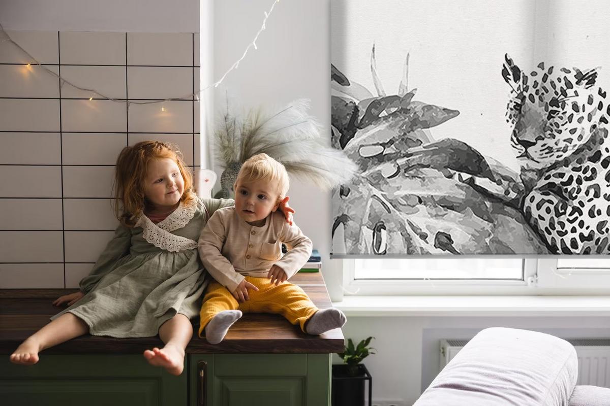 INNENROLLO - Fensterrollo - Rollo - 100x140 cm - Gezeichnete Geparden auf einem Ast - Grau, Kunststoff (100/140/0.5cm) - TULUP
