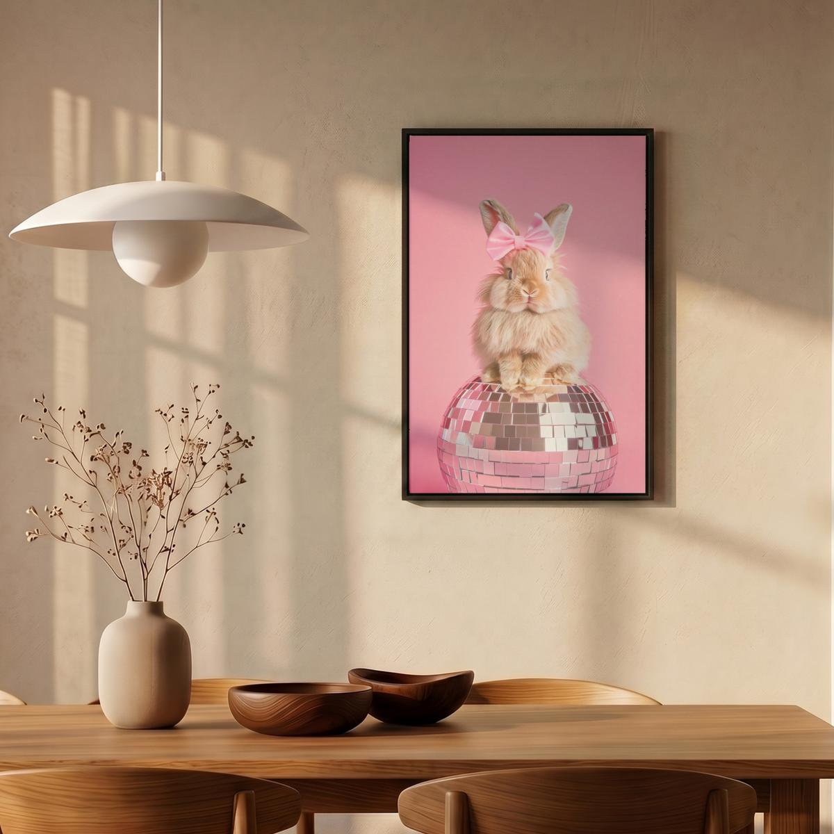 LEINWAND Bilder mit Rahmen - Schleife - Discoball - Kaninchen - 40x60 - Pink, Textil (40/60cm) - MuchoWow