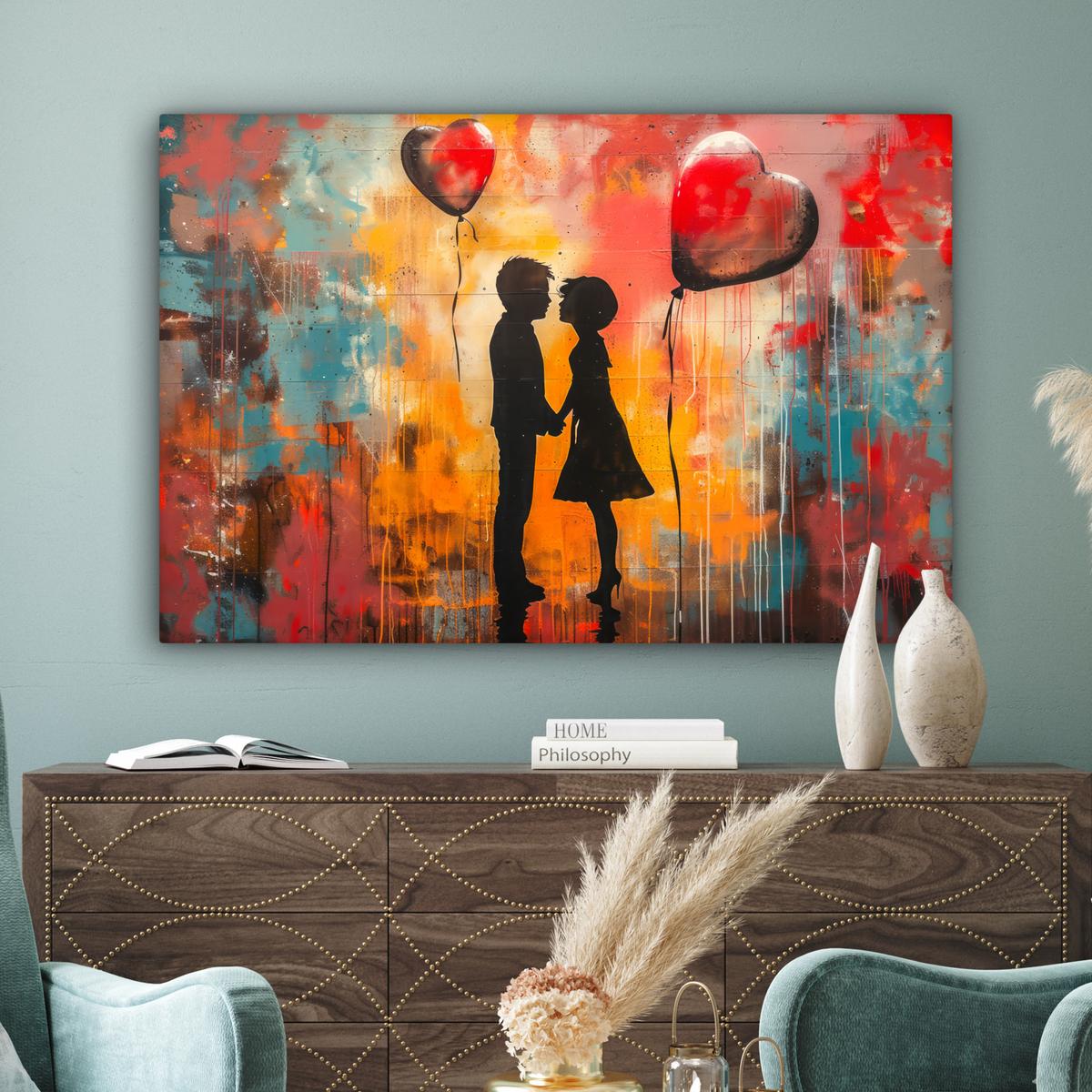 LEINWANDBILD Straßenkunst - Liebe - Graffiti - Kunst - Banksy Wohnzimmer Groß 120x80 cm - Orange, Textil (120/80cm) - MuchoWow