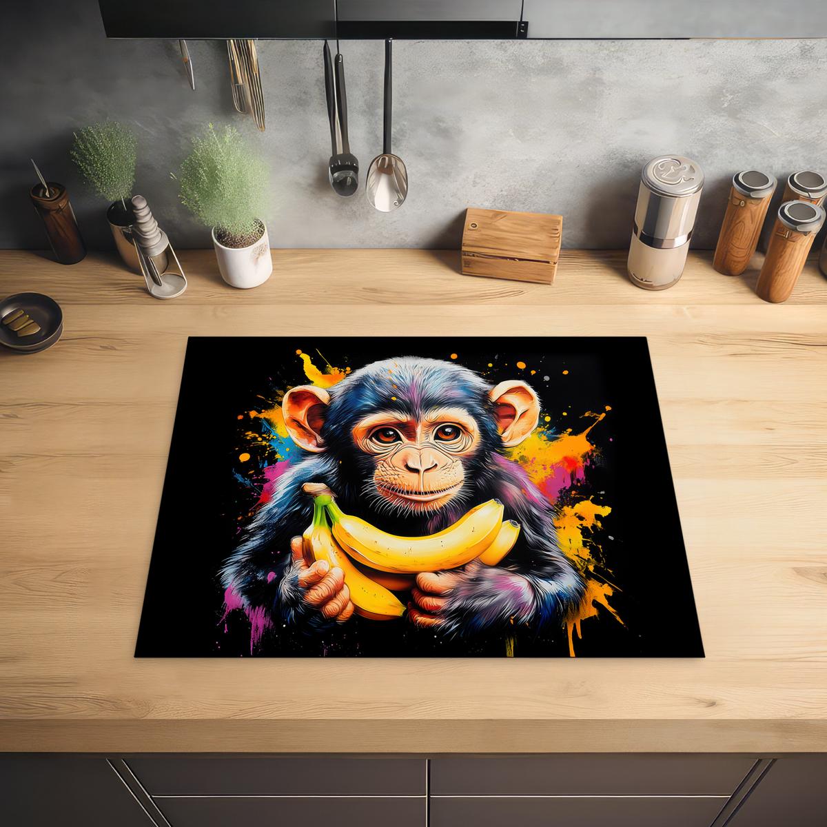 HERDABDECKPLATTE Affe - Graffiti - Farbenfroh - Bananen - Modern Herdabdeckung Induktionsfeld 65x52 cm - Gelb, Kunststoff (65/52/0.2cm) - MuchoWow
