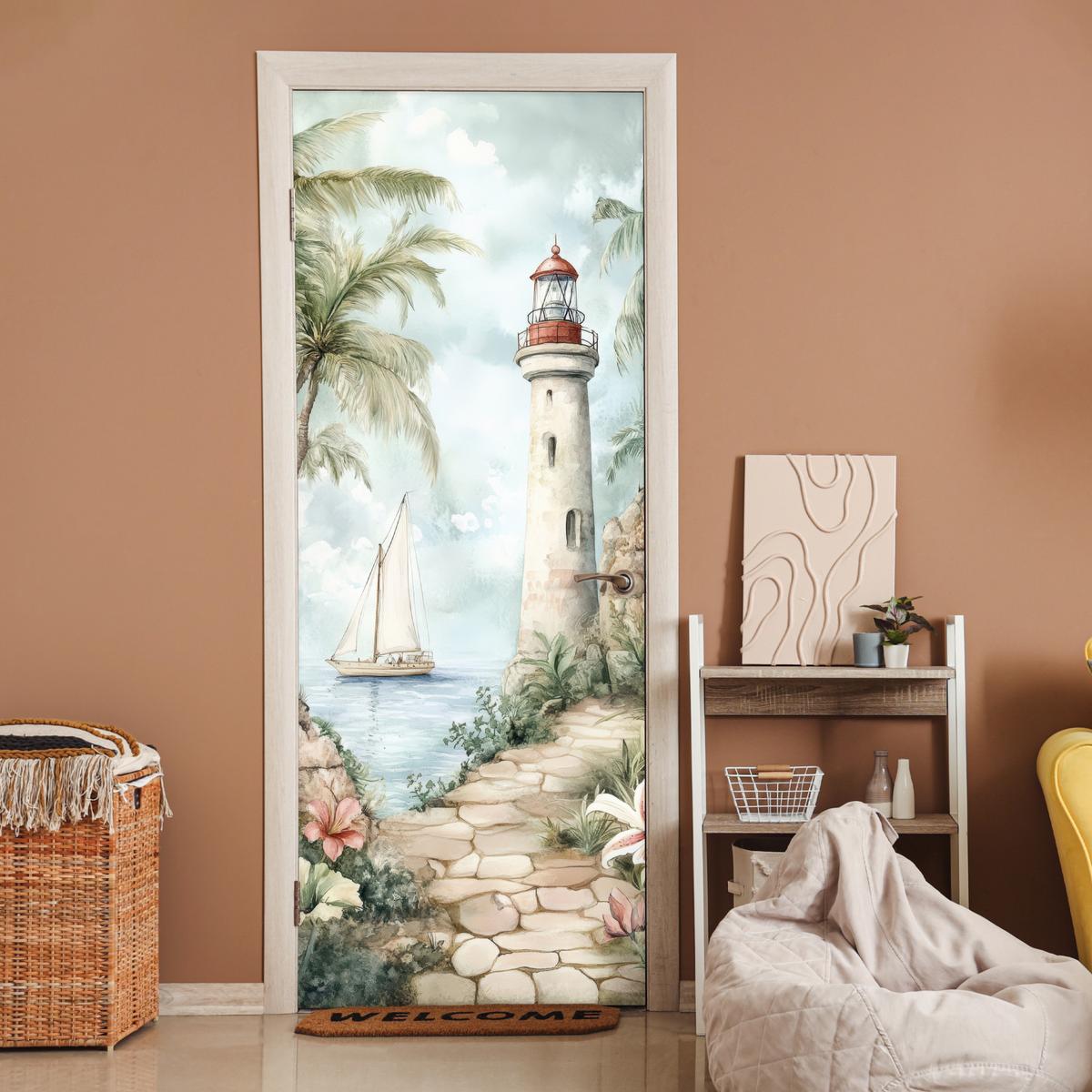 TÜRAUFKLEBER Leuchtturm - Natur - Landschaft - Boot 90x235 cm - Türtapete - Eichefarben, Kunststoff (90/0.1cm) - MuchoWow
