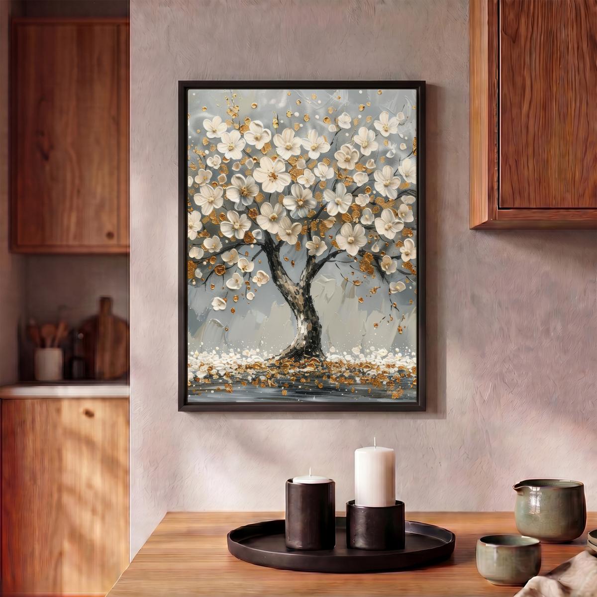 LEINWAND Bilder mit Rahmen - Baum - Blumen - Weiß - Natur - Kunst - 30x40 - Weiß, Textil (30/40cm) - MuchoWow