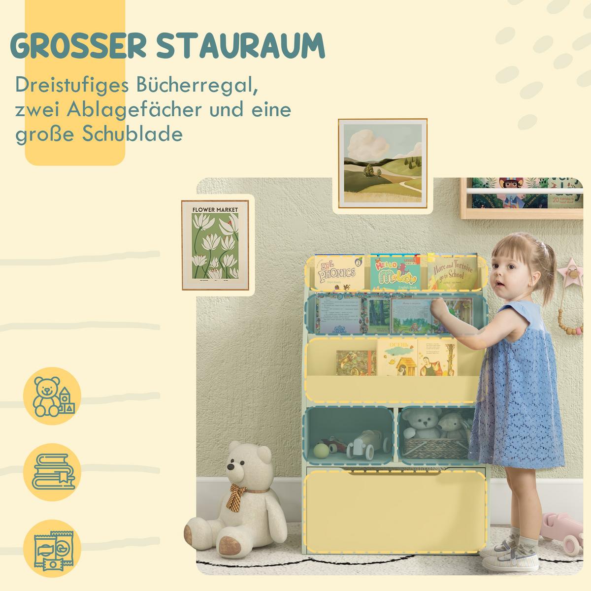KINDER Bücherregal Kinderregal mit Schublade, 3 Ablagefächern, 2 offenen Fächern - Grün, Holzwerkstoff (29.9/90/60cm) - HOMCOM