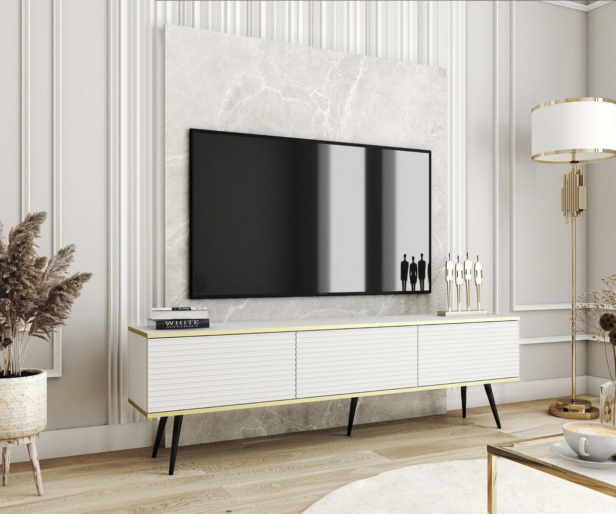 TV-SCHRANK Oris Weiß matt mit goldenen Beinen Glamour Style 175 cm - Goldfarben/Weiß, Holzwerkstoff/Metall (175/53/32cm) - Meble Lindner