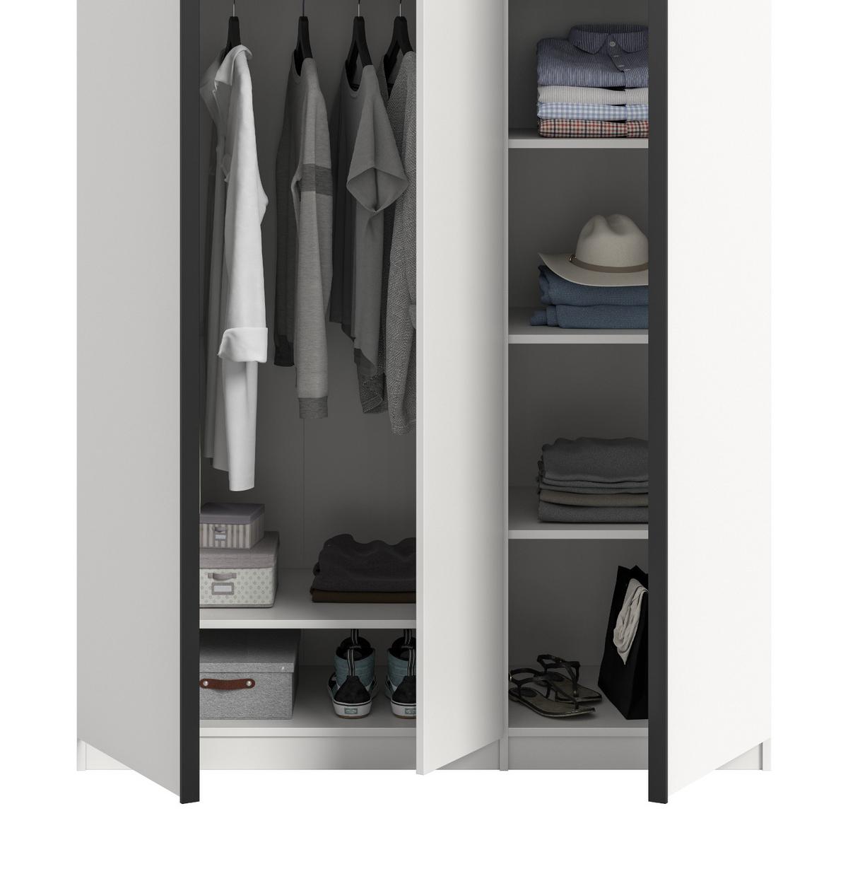 KLEIDERSCHRANK weiß 3-türig 130 x 183 cm, Drehtürenschrank inklusive Einlegeböden - Schwarz/Weiß, Holzwerkstoff/Kunststoff (130/183/53cm) - Inn.Furn