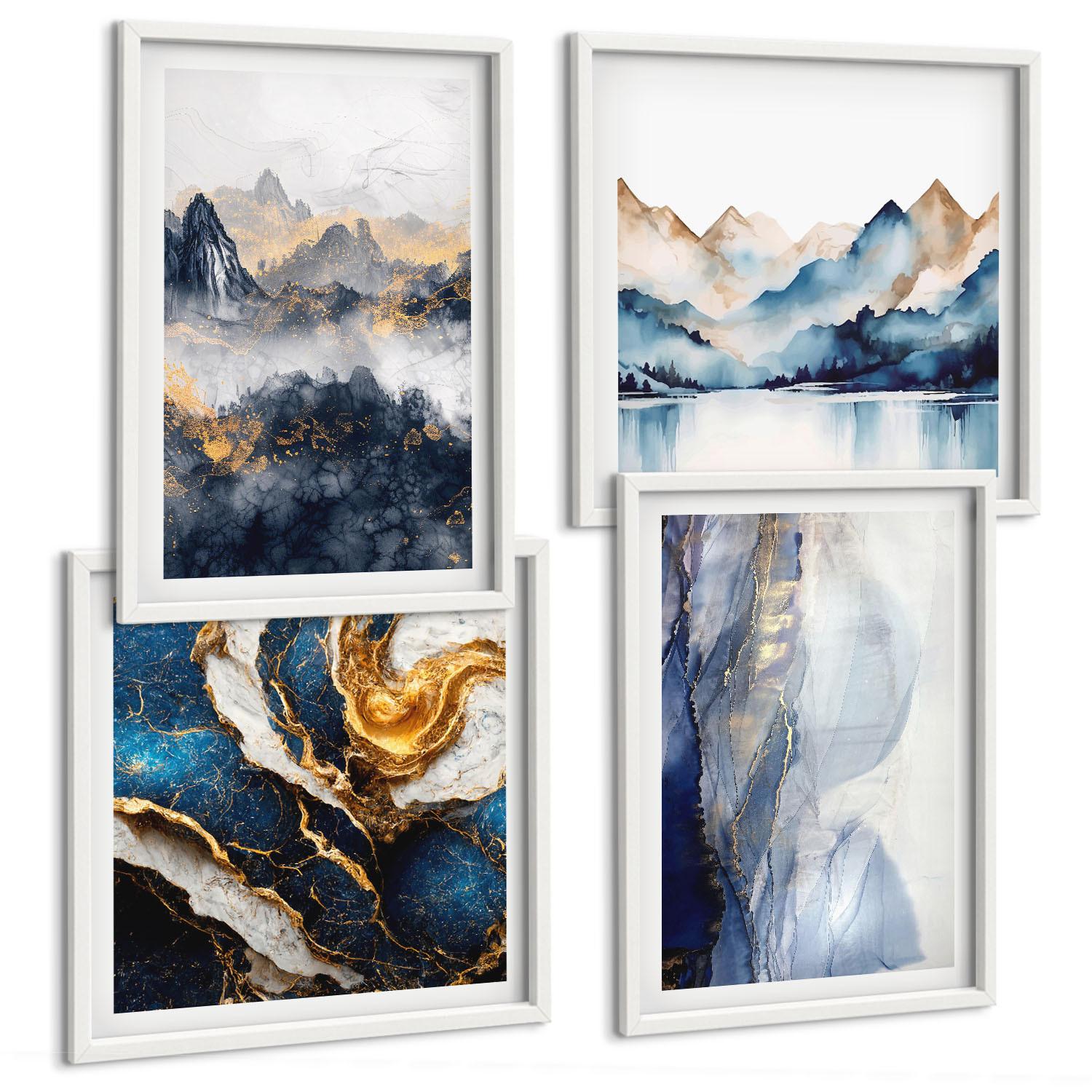 BILDER SET 4er Set - 50x50 cm & 40x60 cm Weißer Rahmen - Blaue Berglandschaften - Weiß, Kunststoff (50/50cm) - TULUP