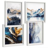 BILDER SET 4er Set - 50x50 cm & 40x60 cm Weißer Rahmen - Blaue Berglandschaften - Weiß, Kunststoff (50/50cm) - TULUP