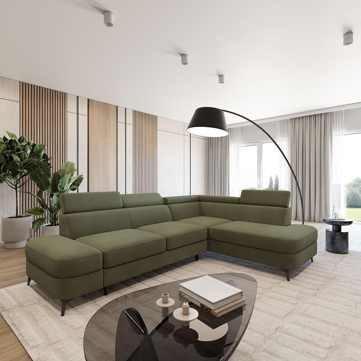 ECKSOFA AVISE MV R-S Grün Velours-Stoff mit Schlaffunktion - Grün, Holzwerkstoff/Textil (268/195cm) - MASSENO