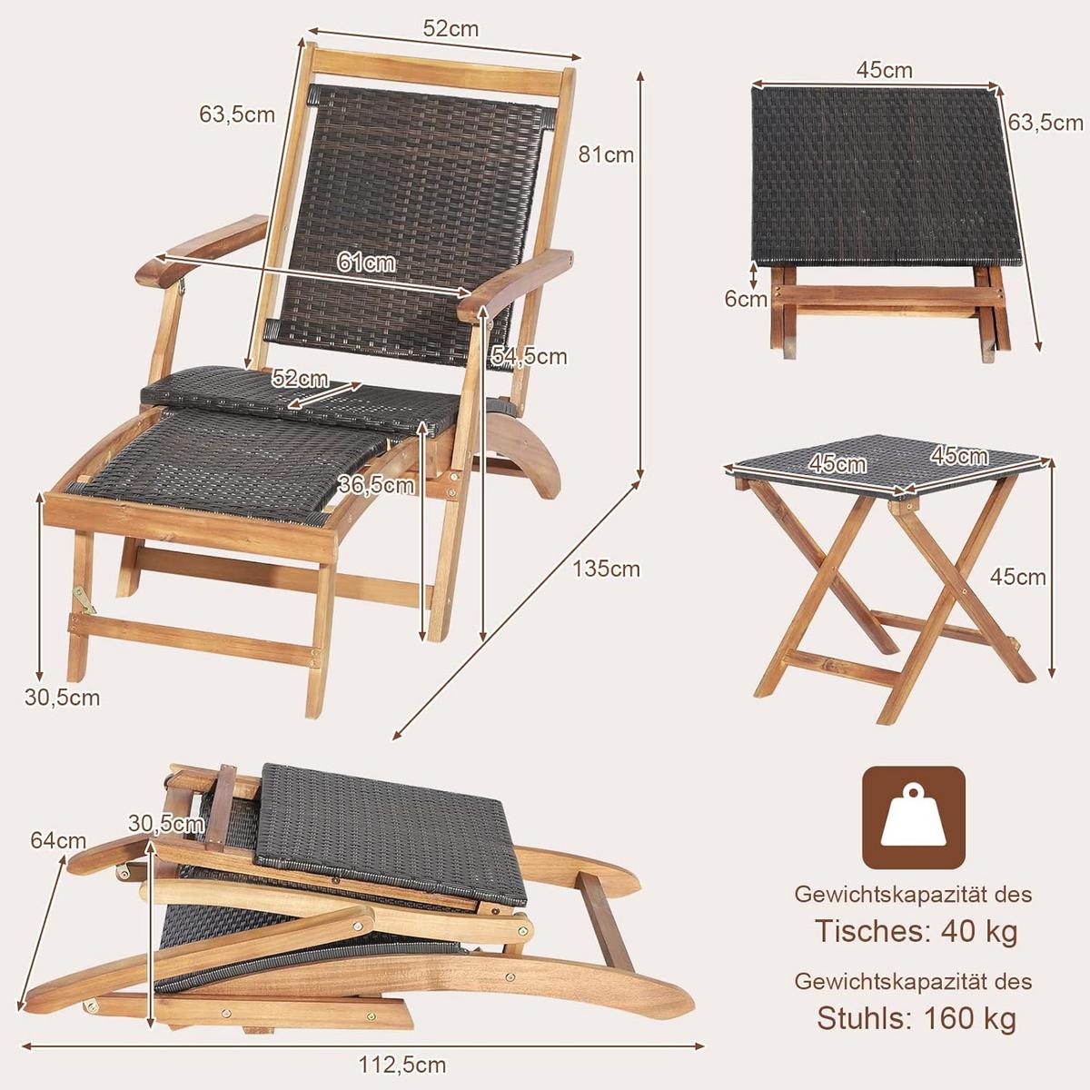 SONNENLIEGE mit Fußstütze+Beistelltisch Braun - Braun, Naturmaterialen (135/81/61cm) - COSTWAY