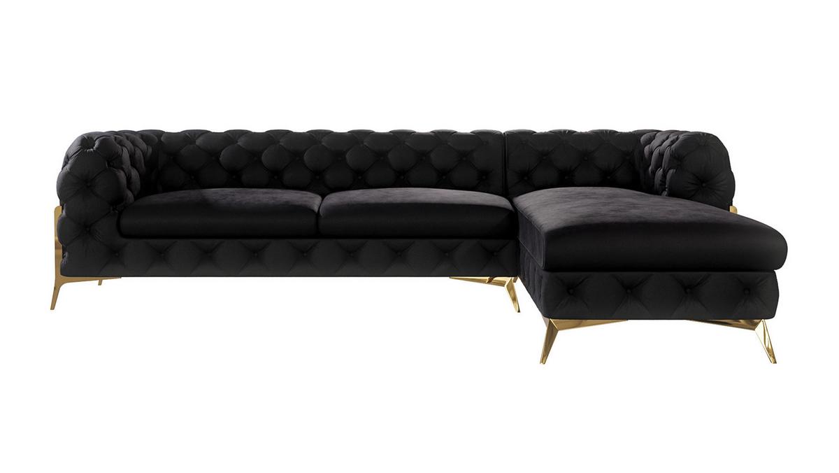 ECKSOFA Chesterfield Lexi Schwarz Samt, Ottomane rechts - Goldfarben/Schwarz, Holz/Textil (305/200cm) - S-Style Möbel