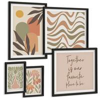 BILDER SET 5er Set - 50x50 cm & 20x30 cm & 40x60 cm Schwarzer Rahmen - Abstrakte Pastellblumen - Schwarz, Kunststoff (40/60cm) - TULUP