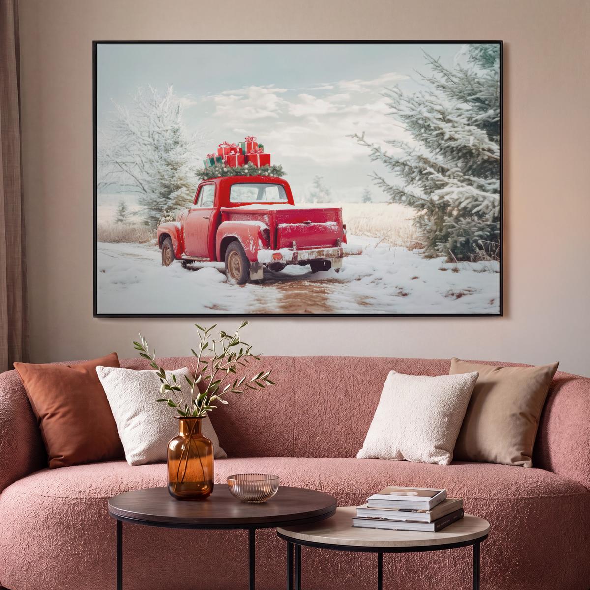 LEINWAND Bilder mit Rahmen - Auto - Rot - Geschenke - Winter - Schnee - Weihnachten - 120x80 - Rot, Textil (120/80cm) - MuchoWow