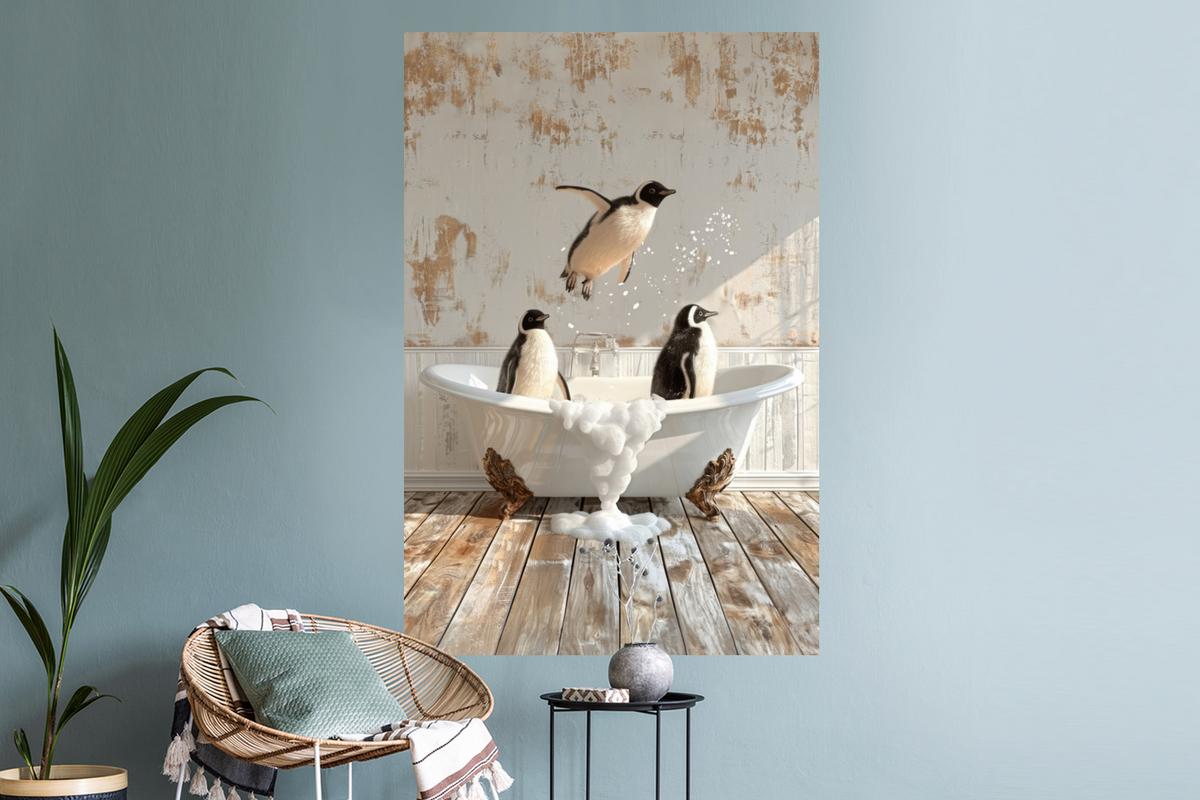 WANDTATTOO Vintage - Pinguin - Badewanne - Schaumstoff Wandaufkleber 80x120 cm - Schwarz, Kunststoff (80/120/0.1cm) - MuchoWow