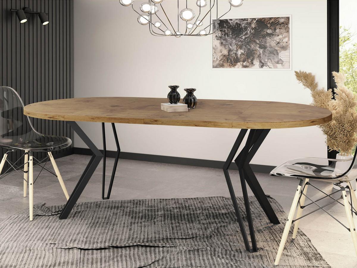 ESSTISCH Revena runder ausziehbarer, Lancelot Eiche 120-200/120/76 cm - Eichefarben/Schwarz, Holzwerkstoff/Metall (120/200/76cm) - WFL GROUP