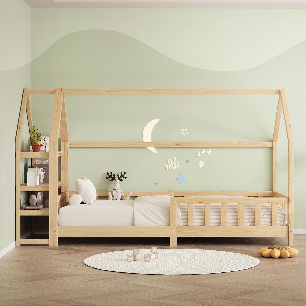 KINDERBETT 90x200 cm mit Matratze & Regal Natur aus Kiefernholz - Naturfarben, Holz (90/200cm) - ML-DESIGN