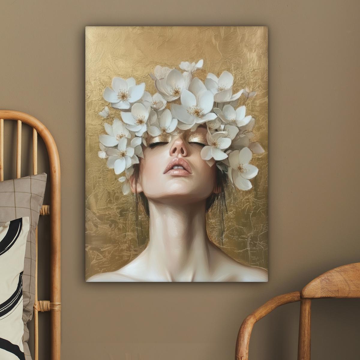 LEINWANDBILD Gesicht - Blumen - Gold - Abstrakt Wandbild Wohnzimmer 60x80 cm - Goldfarben, Textil (60/80cm) - MuchoWow