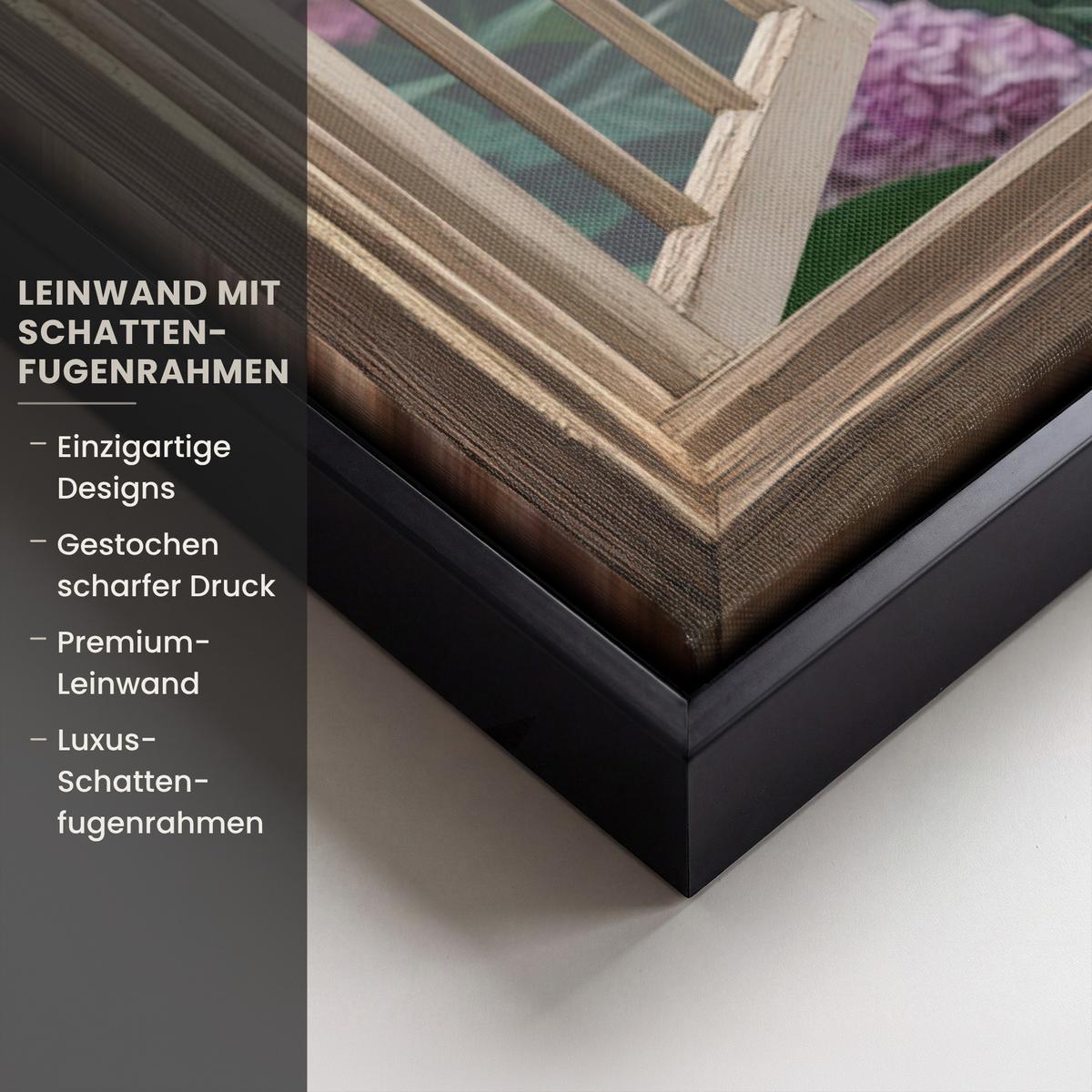 LEINWAND Bilder mit Rahmen - Aussicht - Garten - Fenster - Hortensie - Blumen - 80x60 - Pastellblau, Textil (80/60cm) - MuchoWow