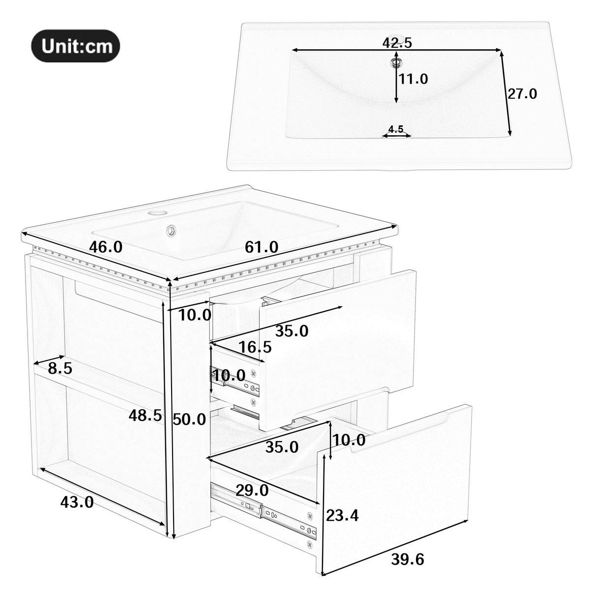 WASCHTISCH mit Unterschrank Weiß Wandhängend mit LED-Licht, 2 Schubladen & Stauraum - Weiß, Holzwerkstoff (61/48.5/46cm) - Urban Meuble
