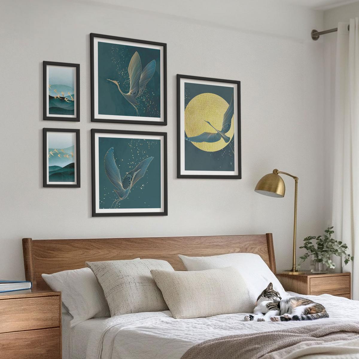 BILDER SET 5er Set - 50x50 cm & 20x30 cm & 40x60 cm Schwarzer Rahmen - Abstrakte Landschaften von Vogelwellen - Schwarz, Kunststoff (40/60cm) - TULUP