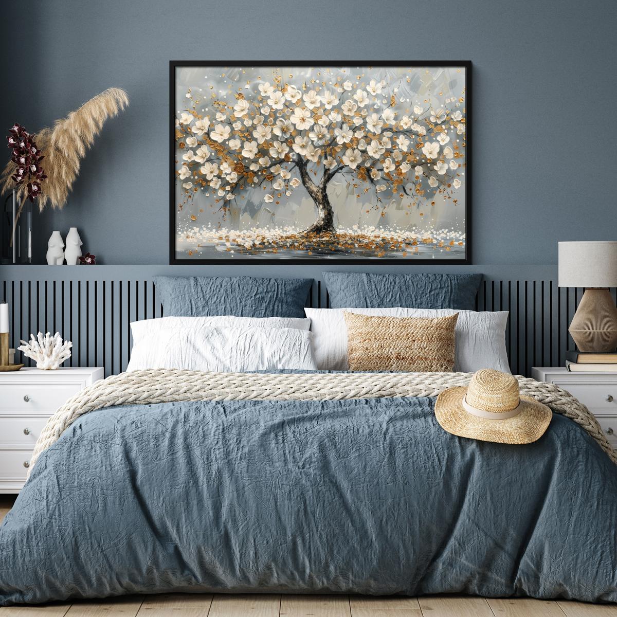 POSTER MIT RAHMENGERAHMTES BILD Baum - Blumen - Weiß - Natur - Kunst 120x80 cm - Weiß, Papier (120/80cm) - MuchoWow