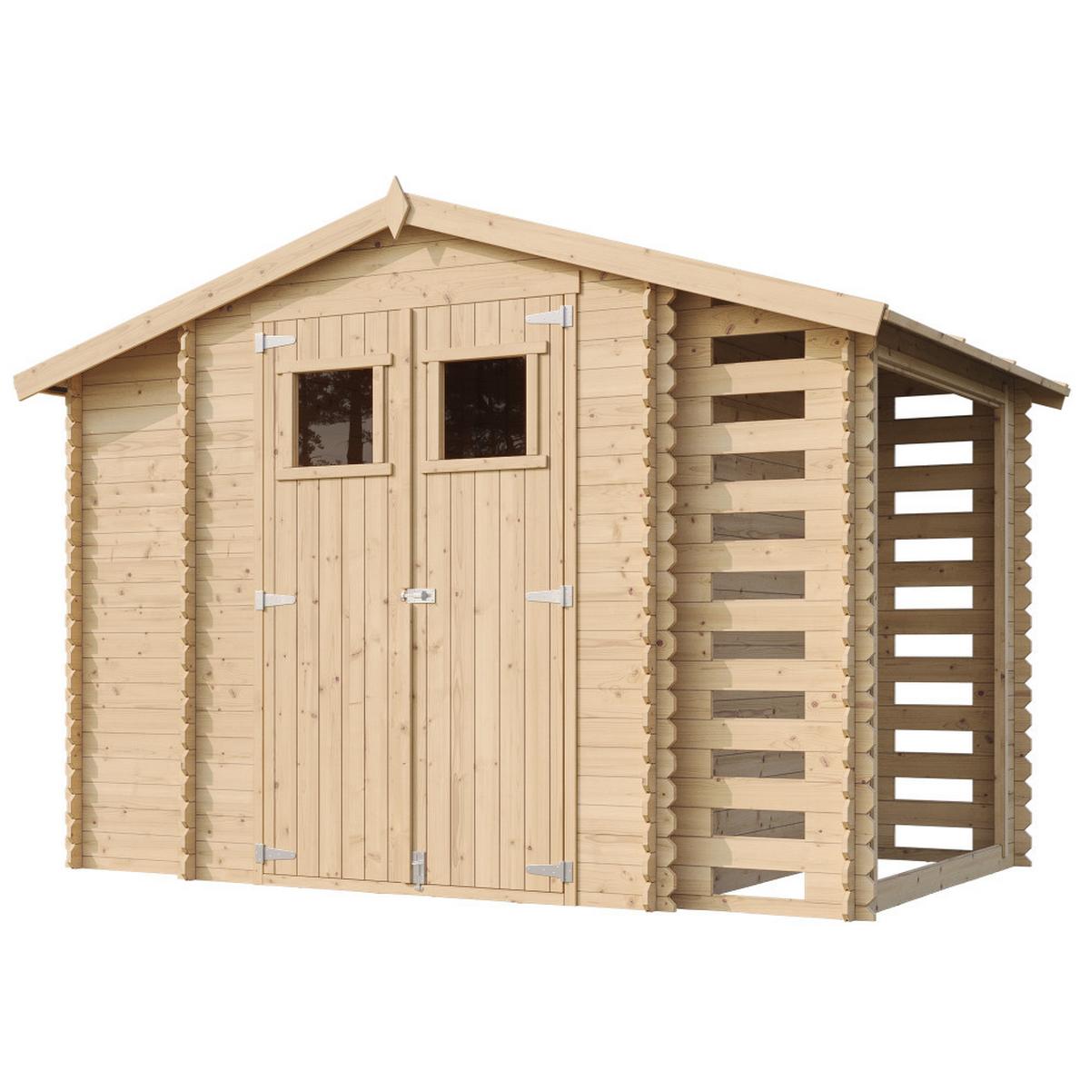 HOLZHAUS GARTENHAUS mit Brennholzschuppen M389+M389G - mit imprägniertem Boden- 3,53 + 0,97 + 0,97 m2 - Beige, Holz (328/218/206cm) - Timbela