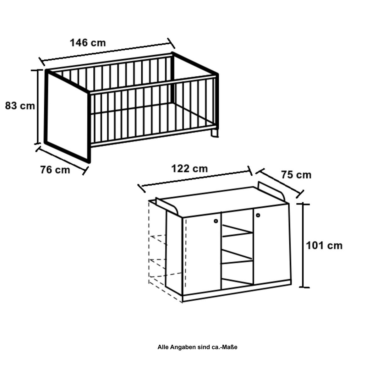 BABYZIMMER-SET 2-teilig: Babybett & Wickelkommode mit Soft-Close-Funktion, Landhausstil Weiß / 22800 - Silberfarben/Weiß, Holzwerkstoff/Metall (76/83/146cm) - luma-home