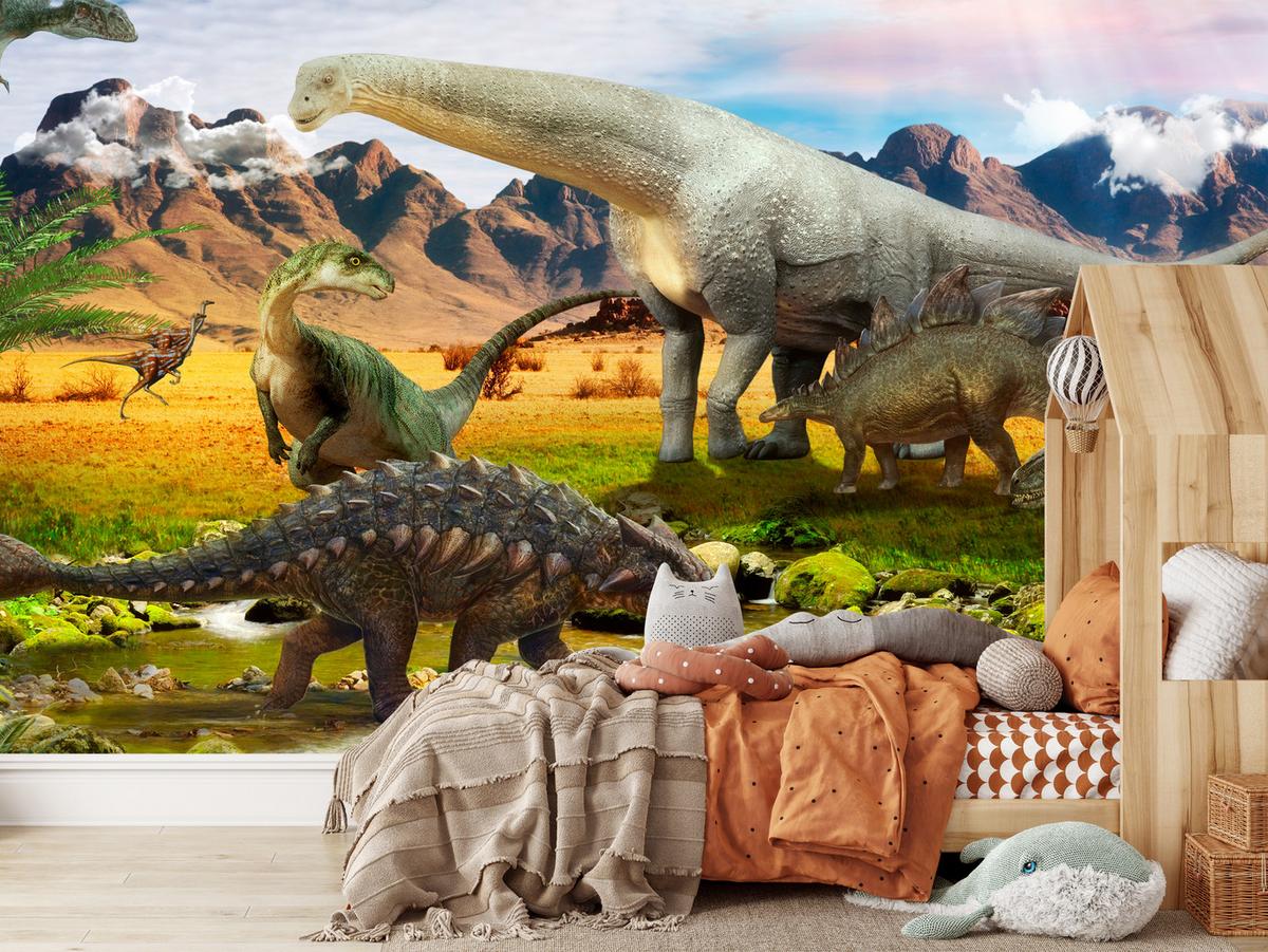 FOTOTAPETE für Kinderzimmer Dinosaurier Berge aus Felsen Bäume 100x70 - Multicolor, Papier (100/70cm) - Muralo