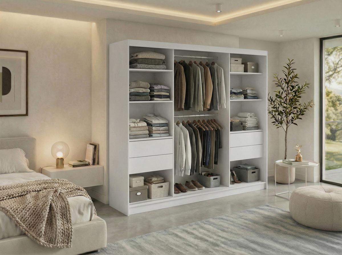 SCHWEBETÜRENSCHRANK mit Schubladen 240 - VERONA - Weiß mit Spiegel - Alufarben/Weiß, Holzwerkstoff/Metall (240/216/61cm) - MKS