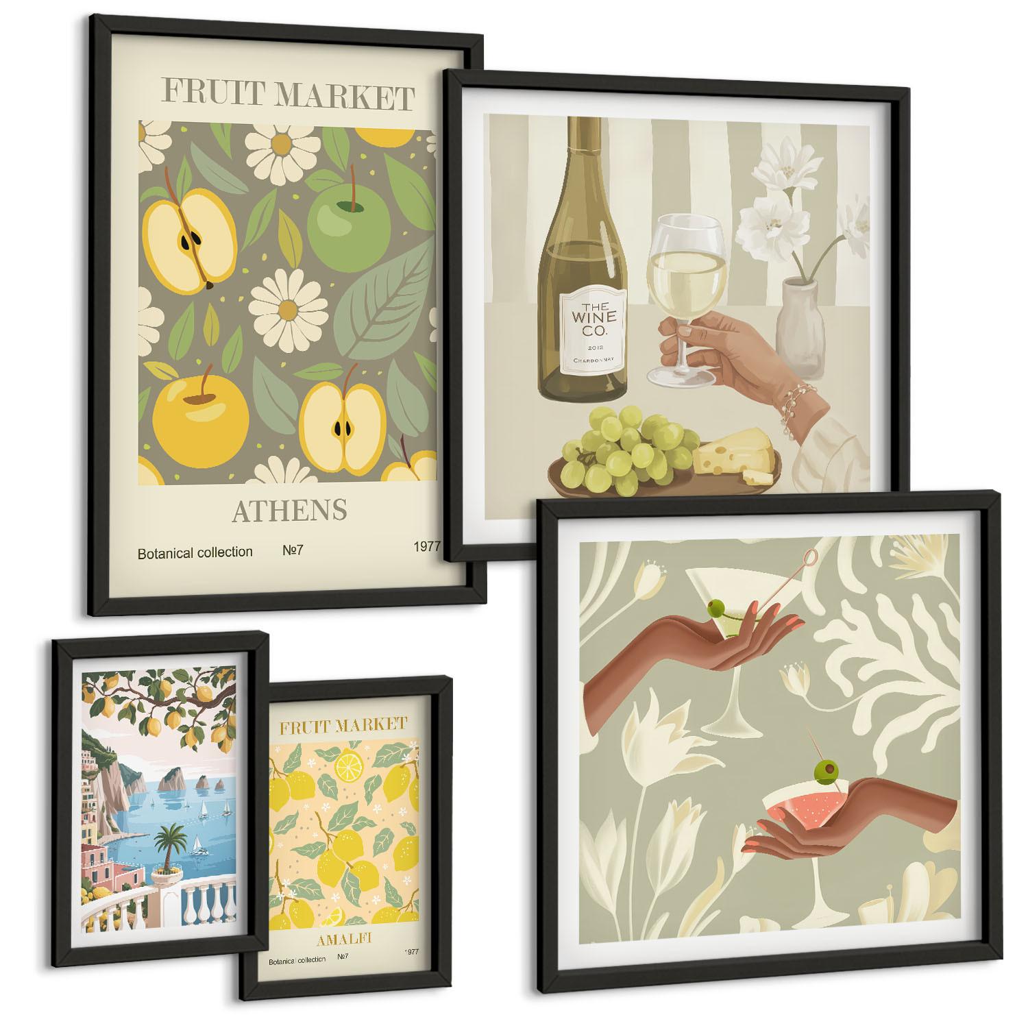 BILDER SET 5er Set - 50x50 cm & 20x30 cm & 40x60 cm Schwarzer Rahmen - Vintage-Poster mit Fruchtmustern - Schwarz, Kunststoff (40/60cm) - TULUP