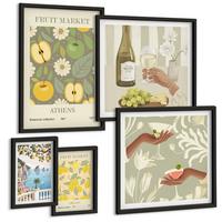 BILDER SET 5er Set - 50x50 cm & 20x30 cm & 40x60 cm Schwarzer Rahmen - Vintage-Poster mit Fruchtmustern - Schwarz, Kunststoff (40/60cm) - TULUP