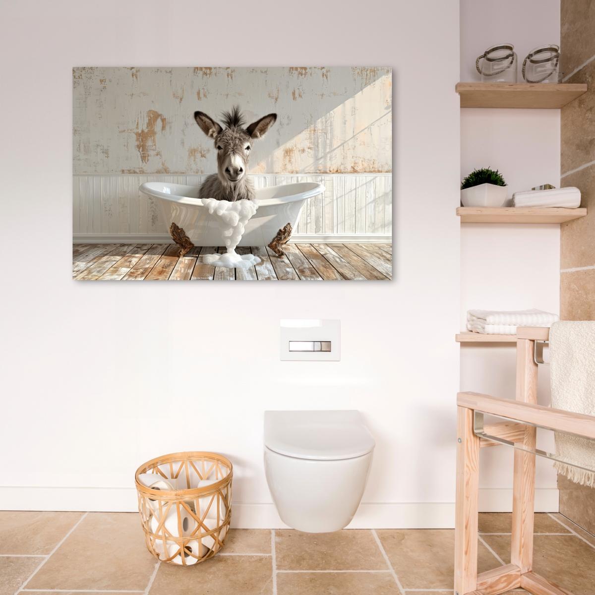 LEINWANDBILD Esel - Tiere - Badewanne - Schaumstoff Wohnzimmer Groß 120x80 cm - Weiß, Textil (120/80cm) - MuchoWow