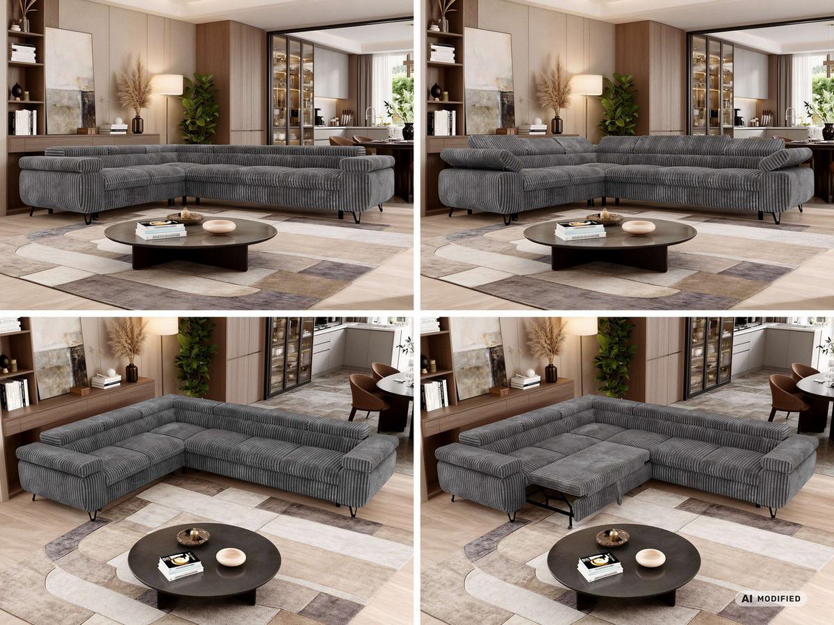 ECKSOFA NORDEN L - Grau Cord - Rechts Seite - Schwarz/Grau, Textil/Metall (329/269cm) - MKS