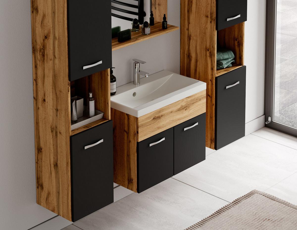 BADMÖBEL-SET Montreal 5 Teile Eiche / Schwarz - 60 x 35 x 51 cm - Eichefarben/Schwarz, Holz (60/51/35cm) - Badplaats