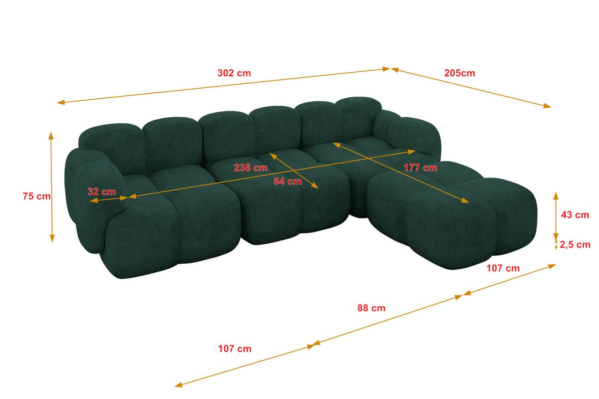 ECKSOFA modulares Sofa Rechts Miko-L2 302x205x75 Grün Velours - Schwarz/Grün, Holzwerkstoff/Kunststoff (302/205cm) - ALTDECOR