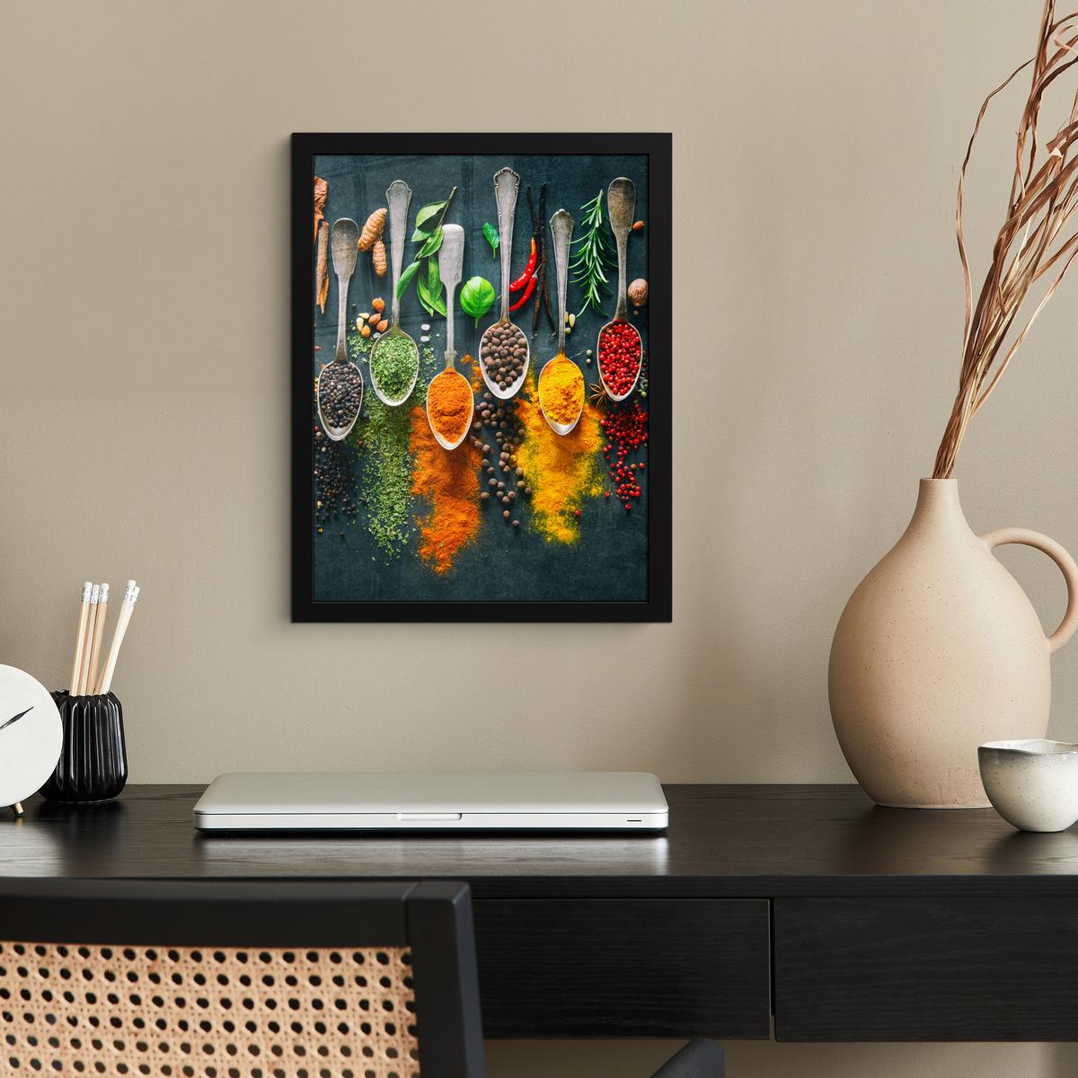 POSTER MIT RAHMENGERAHMTES BILD Kräuter - Gewürze - Löffel Bilderrahmen 30x40 cm - Currygelb, Papier (30/40cm) - MuchoWow