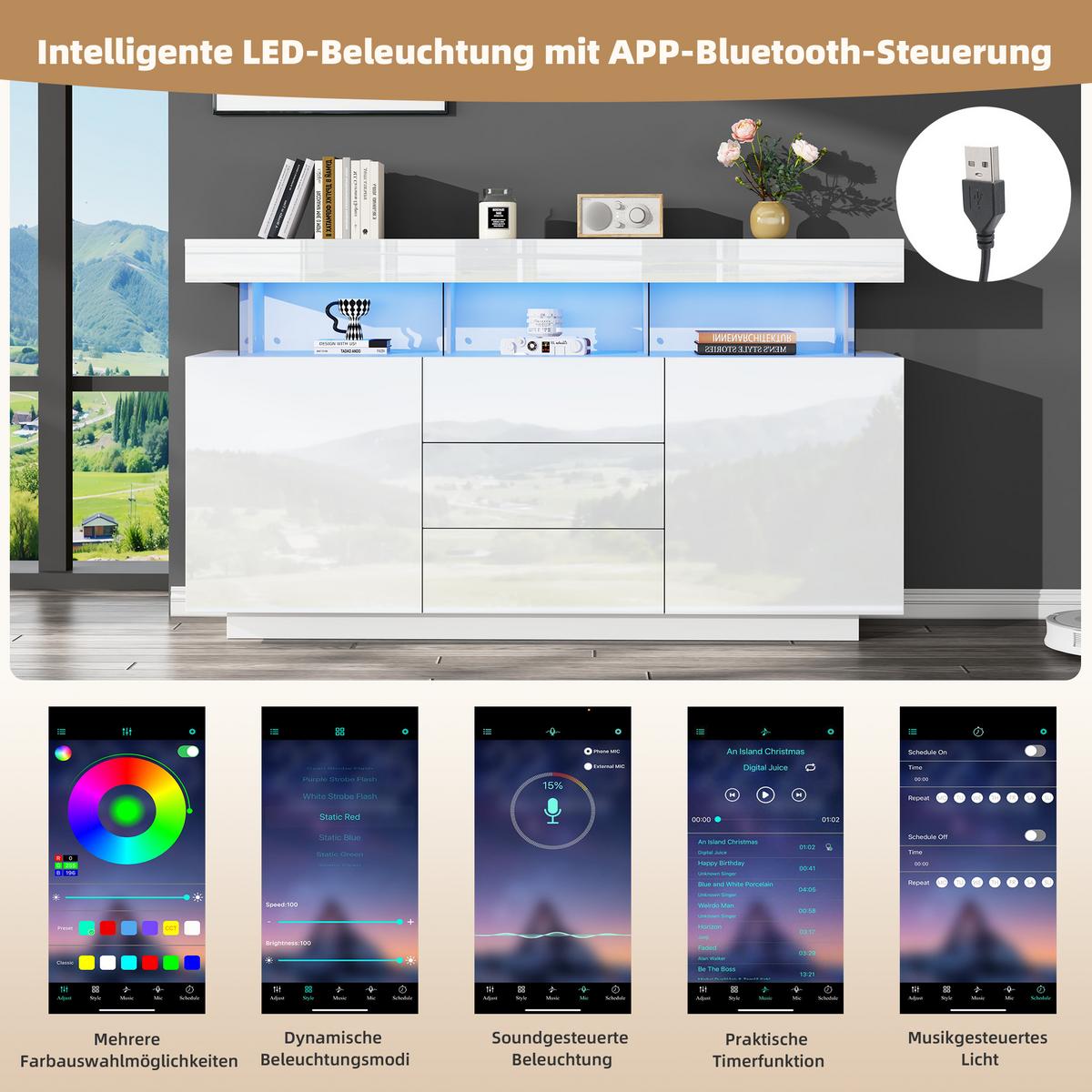 SIDEBOARD mit LED Weiß 140/35/80 CM - Weiß, Holzwerkstoff (35/80/140cm) - Urban Meuble