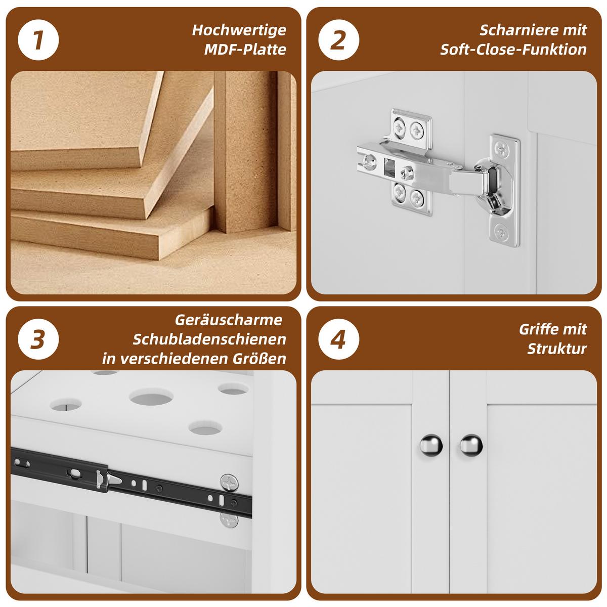 WASCHTISCH Freistehend Weiß mit Keramikbecken, 8-Fächer-Schublade - Weiß, Holzwerkstoff (76/86/47cm) - Urban Meuble